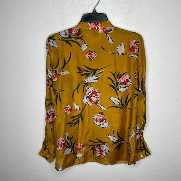 Anthropologie gold mustard floral long sleeve silk shirt M - Picture 7 of 10
